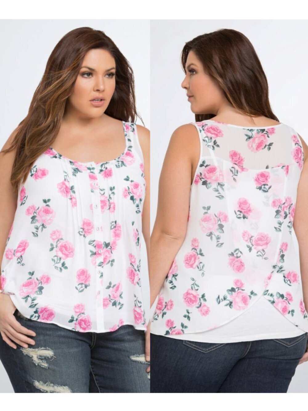 TORRID 2 Plus Size Rose Chiffon Tulip Back Tank Top White Pink Green Floral 2016